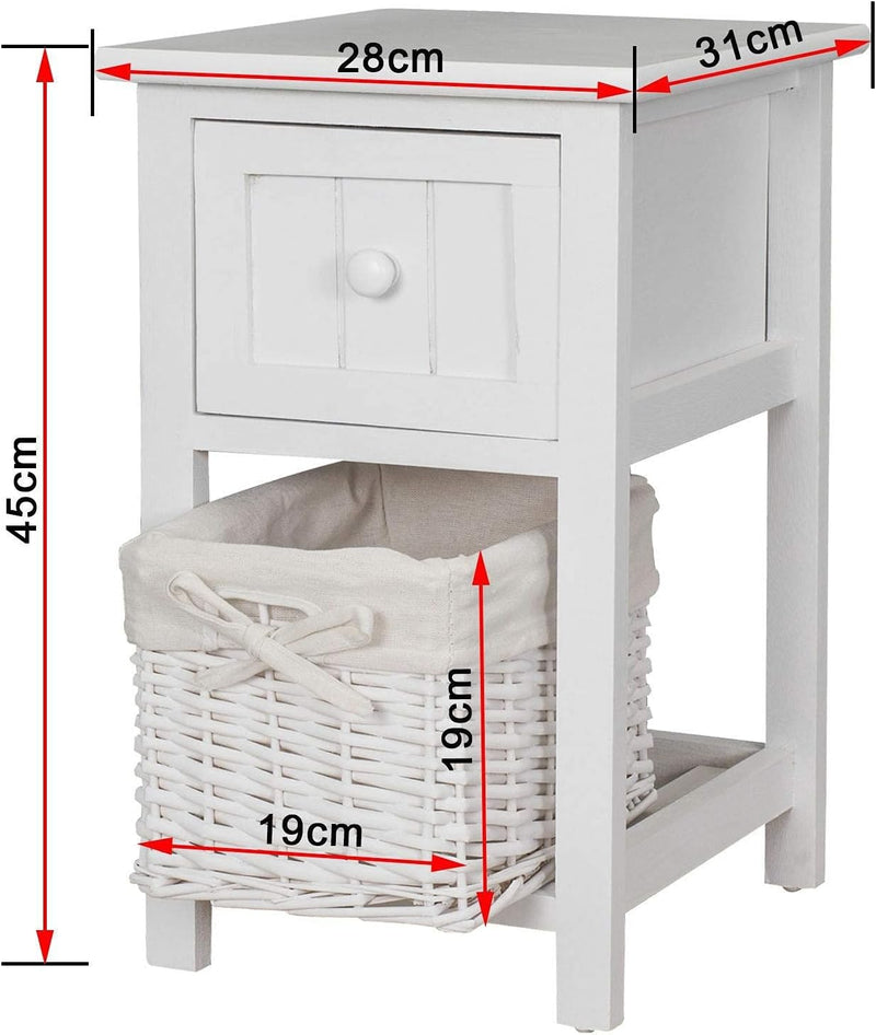 Set di 2 Comodini Bianchi Shabby Chic in Legno Cassetti con Cassettiera in Vimini