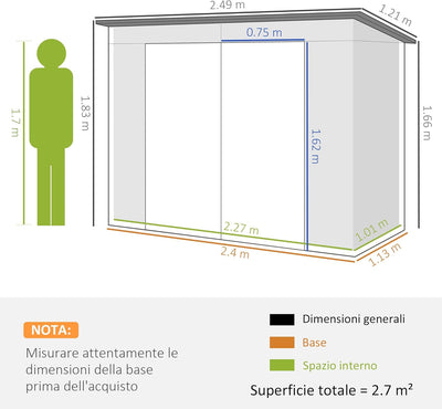 Capanno Porta Attrezzi con 2 Prese d'Aria e Chiavistello, Casetta da Giardino in Acciaio Zincato, 249x121x183 cm, Grigio