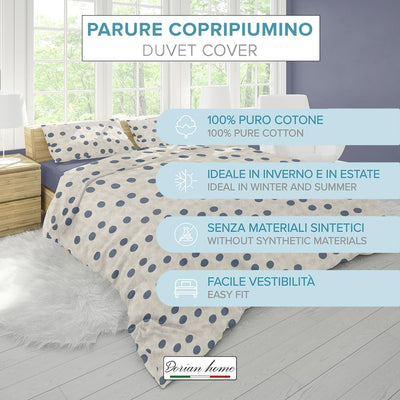 Dorian Home Parure Copripiumino Matrimoniale 250 x 210 cm, Copripiumino Matrimoniale Cotone, Realizzato in 100% Morbido e Puro Cotone, Made In Italy, Fantasia Pois Beige