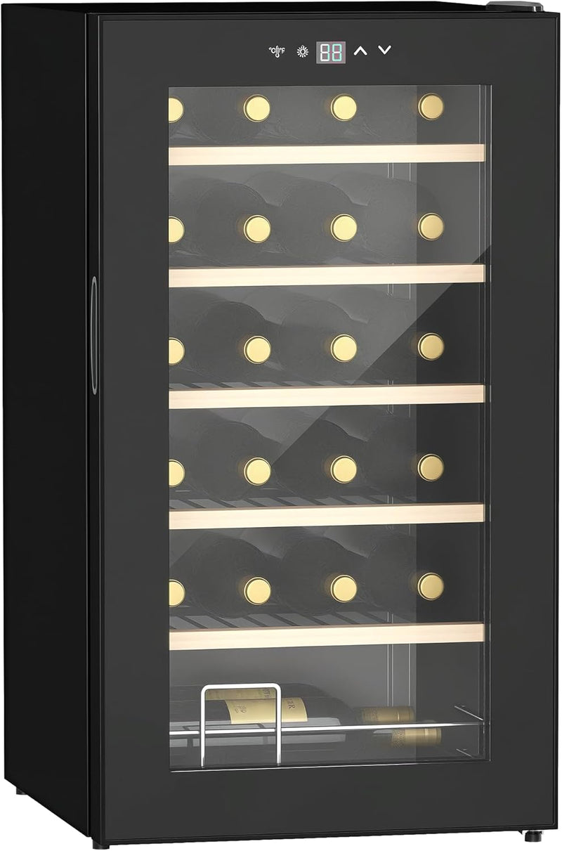 Cantinetta Vino Refrigerata 24 Bottiglie 65L Cantina Vino Silenziosa Temperatura Regolabile 5-20℃ Frigo Vino Bar con Vetro Anti UV, Ripiani, Compressore, Display Touch, Luci LED, Classe G, Nera