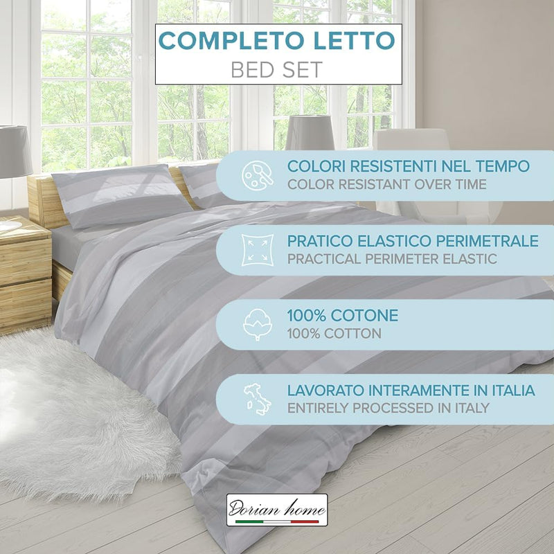 Dorian Home Completo Letto Matrimoniale, Lenzuola Matrimoniali 100% Cotone 180x200 cm, Formato dal Lenzuolo Sopra, Lenzuolo Sotto e Due Federe, Made in Italy, Fantasia Garda Grigio