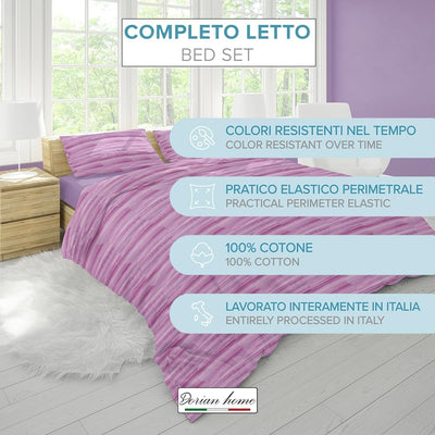 Dorian Home Completo Letto Singolo, Set Completo lenzuola, Lenzuola Letto Singolo 100% Cotone 90x200 cm, Lenzuolo Sotto, Lenzuolo Sopra e Una Federa, Made in Italy, Laveno Viola