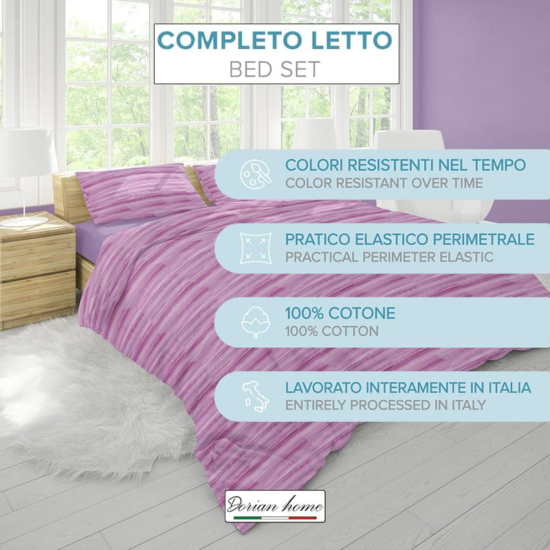 Dorian Home, Completo Letto 1 Piazza e Mezza 100% Cotone, Completo Lenzuola 130 x 200, Formato da Lenzuolo Sotto, Lenzuolo Sopra e una Federa, Made in Italy, Laveno Viola