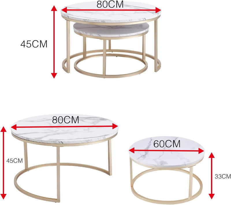 Set di 2 tavolini da salotto, rotondi, con struttura in metallo, colore bianco, effetto marmo