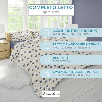 Dorian Home Completo Letto Matrimoniale, Lenzuola Matrimoniali 100% Cotone 180x200 cm, Formato dal Lenzuolo Sopra, Lenzuolo Sotto e Due Federe, Made in Italy, Fantasia Pois Beige