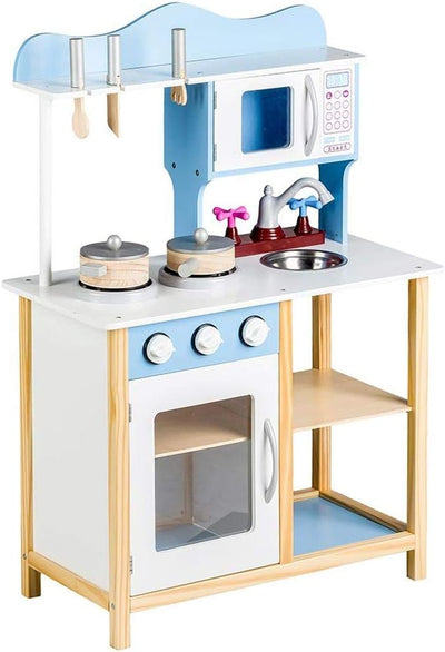 BAKAJI Cucina in Legno Giocattolo per Bambini con Lavello in Acciaio 2 Fornelli Forno Apribile e Microonde Chiusure Magnetiche Pentole Padelle e Accessori Gioco 60 x 30 x 90 cm (Blu)