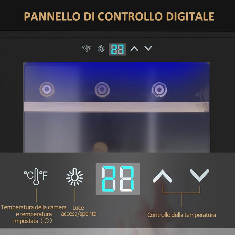 Cantinetta Vino Refrigerata 24 Bottiglie 65L Cantina Vino Silenziosa Temperatura Regolabile 5-20℃ Frigo Vino Bar con Vetro Anti UV, Ripiani, Compressore, Display Touch, Luci LED, Classe G, Nera