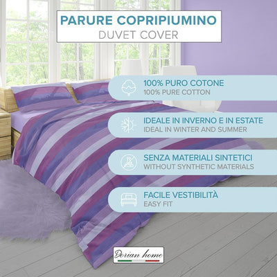 Dorian Home Parure Copripiumino Matrimoniale 250 x 210 cm, Copripiumino Matrimoniale Cotone, Realizzato in 100% Morbido e Puro Cotone, Made In Italy, Fantasia Garda Viola