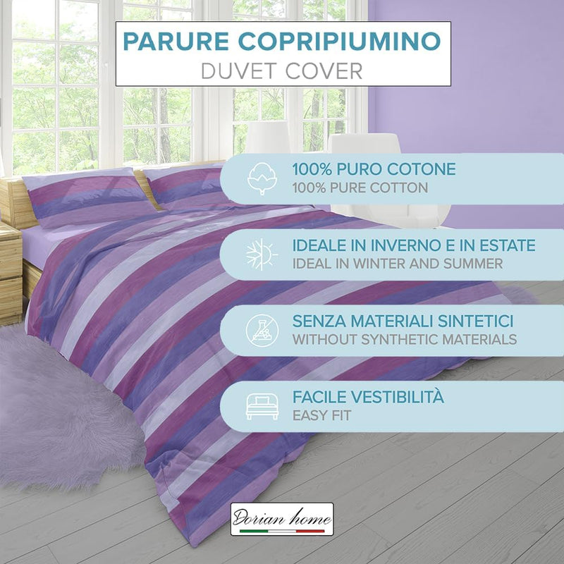 Dorian Home Parure Copripiumino Matrimoniale 250 x 210 cm, Copripiumino Matrimoniale Cotone, Realizzato in 100% Morbido e Puro Cotone, Made In Italy, Fantasia Garda Viola