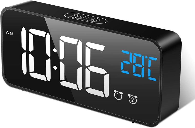 Sveglia Digitale, Sveglia da Comodino con Temperatura e LED Grande Schermo, Orologio a Specchio con 2 Allarme, Snooze, Suoni e Luminosità Regolabile, Controllo Vocale, USB Ricaricare, Nero