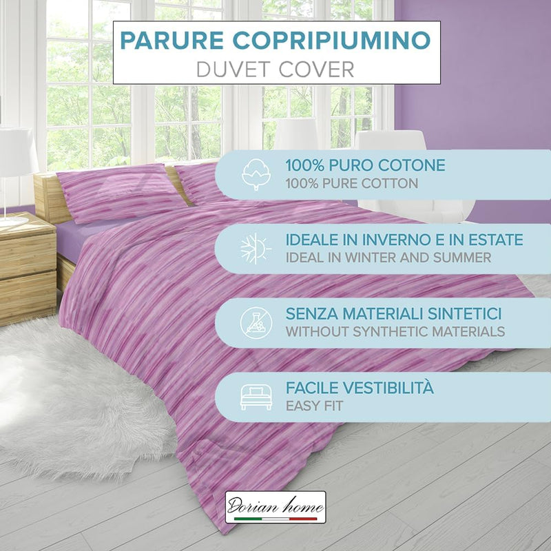 Dorian Home, Parure Copripiumino 1 Piazza e Mezza 200 x 210 cm, Realizzato in 100% Morbido e Puro Cotone, Made in Italy, Fantasia Laveno Viola