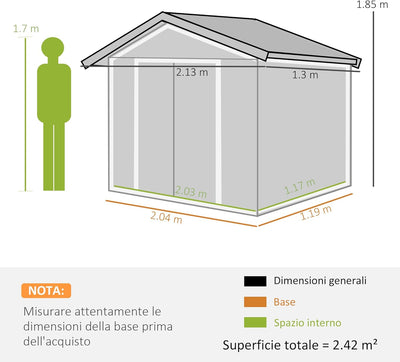 Casetta da Giardino Porta Utensili in Lamiera di Acciaio, Capanno da Giardino in Acciaio con Porte Scorrevoli, 213x130x185cm, Verde