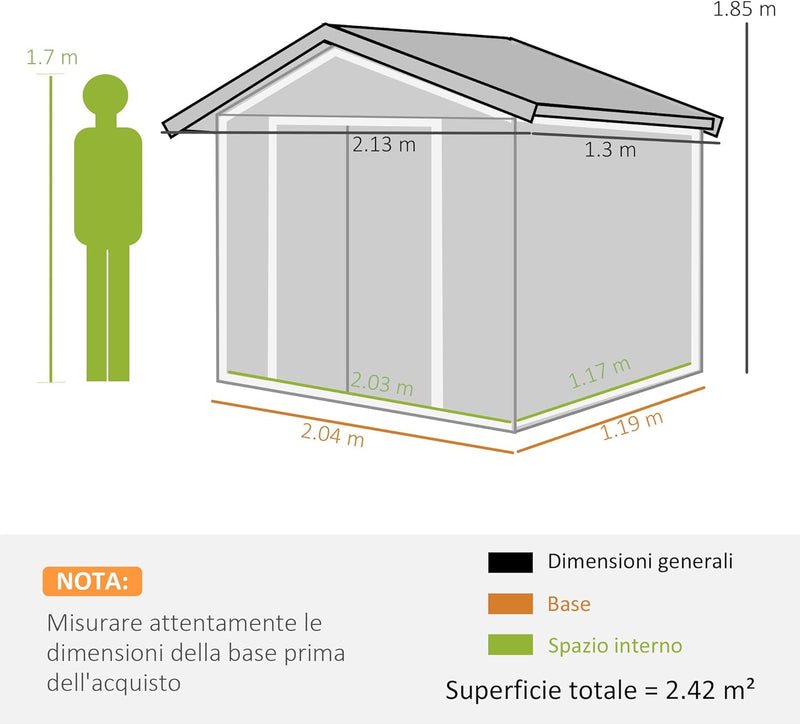 Casetta da Giardino Porta Utensili in Lamiera di Acciaio, Capanno da Giardino in Acciaio con Porte Scorrevoli, 213x130x185cm, Verde