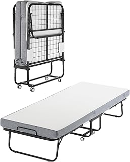 VEVOR Rollaway Bed Folding Bed with 10 cm Mattress, Foldable Single Bed with Memory Foam Mattress (190 x 81 cm), 300 lb Heavy Duty Guest Bed for Adults, Metal Bed for Bedroom, Living Room
