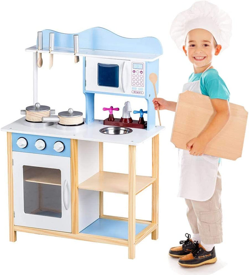 BAKAJI Cucina in Legno Giocattolo per Bambini con Lavello in Acciaio 2 Fornelli Forno Apribile e Microonde Chiusure Magnetiche Pentole Padelle e Accessori Gioco 60 x 30 x 90 cm (Blu)