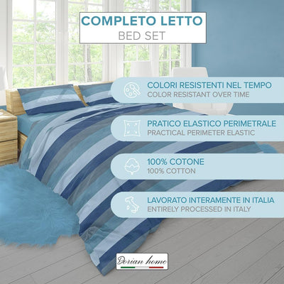 Dorian Home Completo Letto Singolo, Set Completo lenzuola, Lenzuola Letto Singolo 100% Cotone 90x200 cm, Lenzuolo Sotto, Lenzuolo Sopra e Una Federa, Made in Italy, Garda Blu