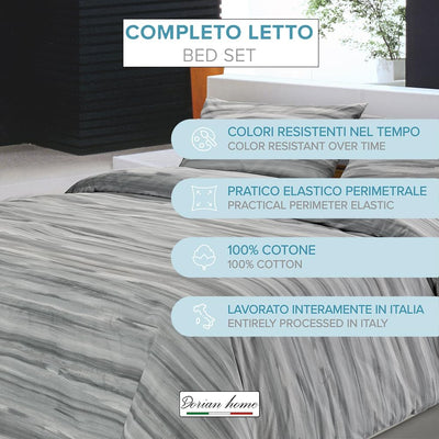 Dorian Home Completo Letto Matrimoniale, Lenzuola Matrimoniali 100% Cotone 180x200 cm, Formato dal Lenzuolo Sopra, Lenzuolo Sotto e Due Federe, Made in Italy, Fantasia Laveno Grigio