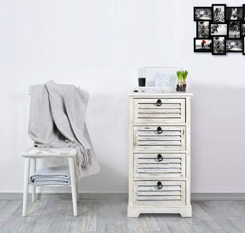 Cassettiera piccola, mobile bagno 4 cassetti bianco, legno paulownia, shabby chic, per camera bagno - Misure: 81 x 42 x 29 cm (HxLxP)