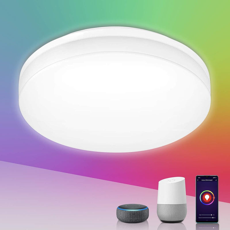 Plafoniera LED Intelligente WiFi Impermeabile, Compatibile con Alexa e Google Home, Lampada da Soffitto Controllo da App e Voce, 16 Milioni RGB + Bianco Regolabile 2700-6500K, 15W (=100W) 1250LM