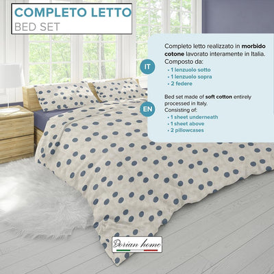 Dorian Home, Completo Letto 1 Piazza e Mezza 100% Cotone, Completo Lenzuola 130 x 200, Formato da Lenzuolo Sotto, Lenzuolo Sopra e una Federa, Made in Italy, Pois Beige