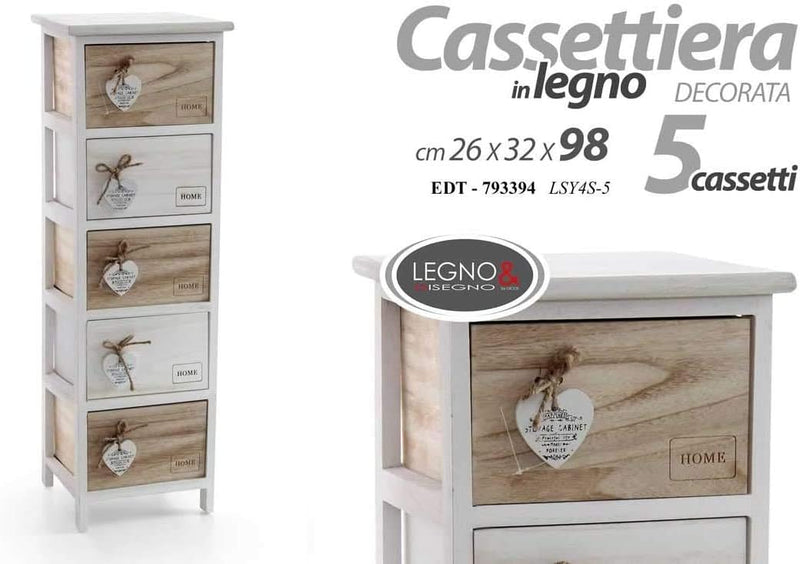 Mobile cassettiera in Legno Bianca/Marrone 5 cassetti Decoro Home Cuore 26 * 32 * 98 cm Shabby Chic EDT-793394