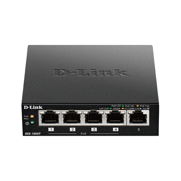 D-Link DGS-1005P Non gestito L2 Gigabit Ethernet [10/100/1000] Supporto Power over Ethernet [PoE] Nero (D-Link DGS 1005P - Switch - 5 x 10/100/1000 [4 PoE+] - desktop - PoE+ [60 W])