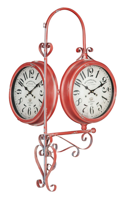 Biscottini Orologio bifacciale da parete tipo stazione in ferro finitura rosso anticato