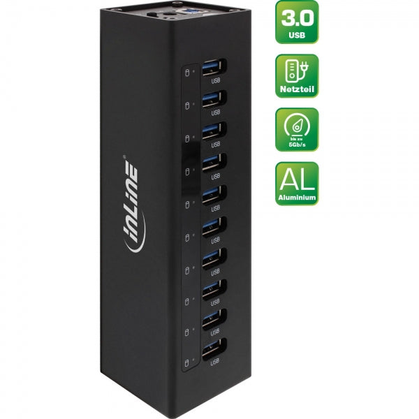 Hub USB 3.2 InLine - 10 porte - custodia in alluminio - nero - con alimentatore 4 A