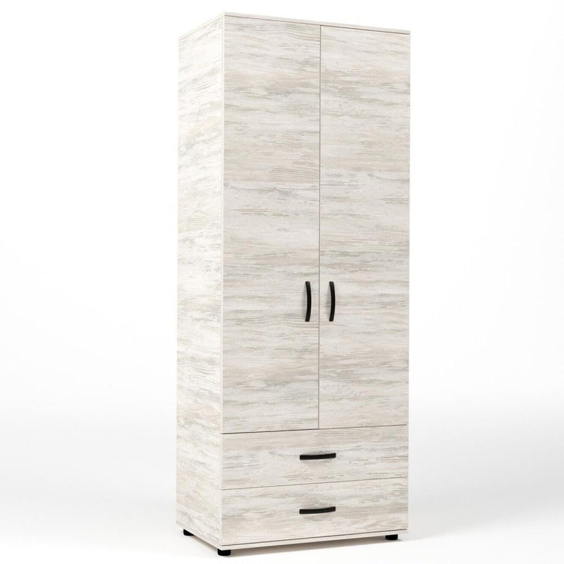 Kit Armadio Moderno in Legno con 2 Ante 2 Cassettoni e Asta cm 80x52x205h