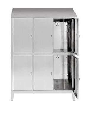 Armadio multispogliatoio in acciaio inox AISI 430 a 6 posti a 6 ante con tramezza sporco/pulito cm. 120x40x215h