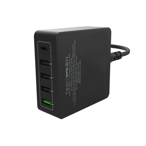 Caricabatteria da tavolo da 60W, 13.2A(2x3A, 3x2.4A) con 5 porte: 1xUSB-C PD, 3xUSB Smart, 1xQC3.0, Smart IC