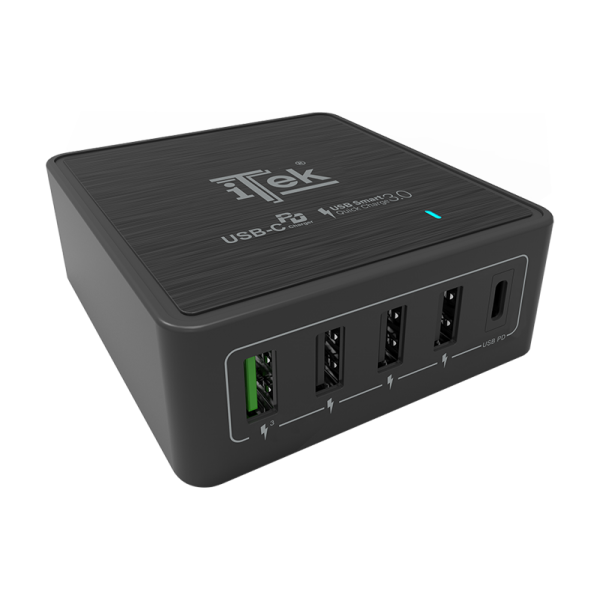 Caricabatteria da tavolo da 60W- 13.2A(2x3A- 3x2.4A) con 5 porte: 1xUSB-C PD- 3xUSB Smart- 1xQC3.0- Smart IC