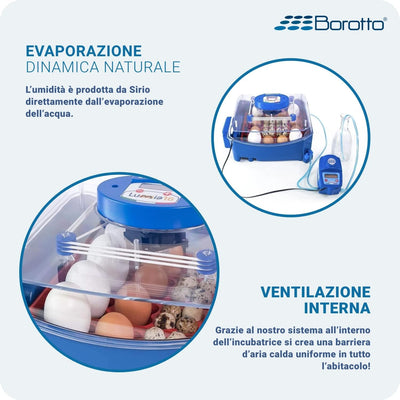 Borotto Lumia 16 Expert - Incubatrice per Uova Professionale Brevettata, Materiale Termoisolante con Antibatterico, con Umidificatore Automatico Sirio - per 16 Uova Medio/Grandi o 64 Uova Piccole