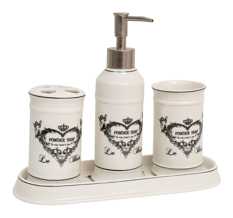 Biscottini Set bagno "Powder Soap" 4 pezzi in porcellana bianca decorata L25xPR10xH21 cm