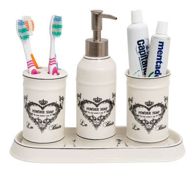 Biscottini Set bagno "Powder Soap" 4 pezzi in porcellana bianca decorata L25xPR10xH21 cm