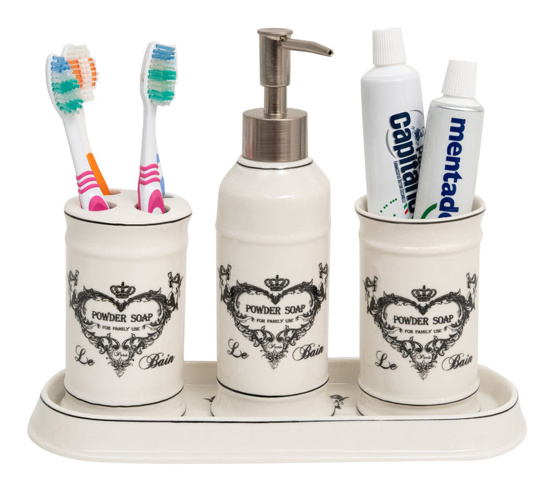 Biscottini Set bagno "Powder Soap" 4 pezzi in porcellana bianca decorata L25xPR10xH21 cm