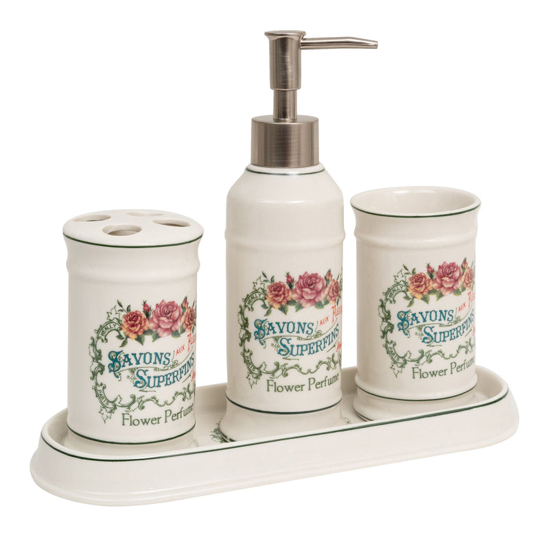 Biscottini Set bagno "Savons Superfines" 4 pezzi in porcellana bianca decorata L25xPR10xH21 cm