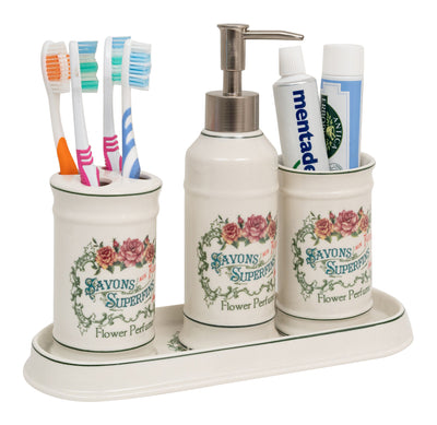 Biscottini Set bagno "Savons Superfines" 4 pezzi in porcellana bianca decorata L25xPR10xH21 cm