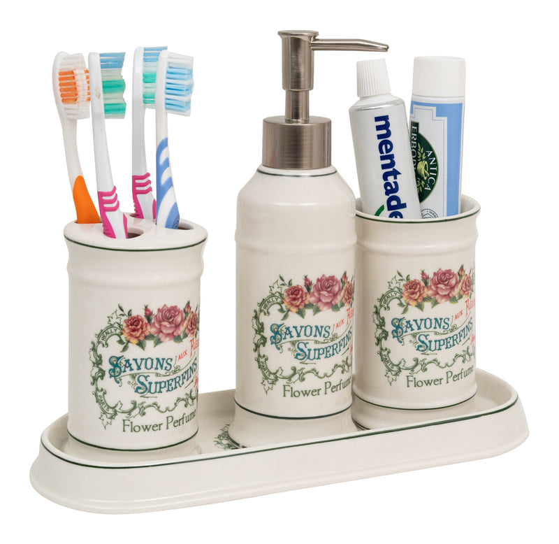 Biscottini Set bagno "Savons Superfines" 4 pezzi in porcellana bianca decorata L25xPR10xH21 cm