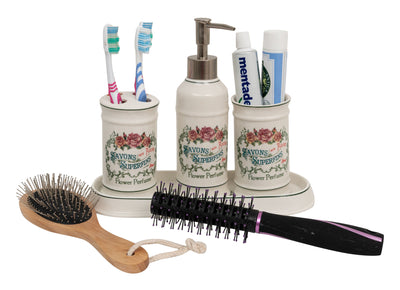 Biscottini Set bagno "Savons Superfines" 4 pezzi in porcellana bianca decorata L25xPR10xH21 cm