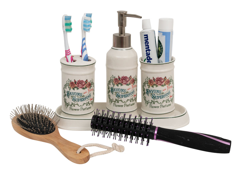 Biscottini Set bagno "Savons Superfines" 4 pezzi in porcellana bianca decorata L25xPR10xH21 cm