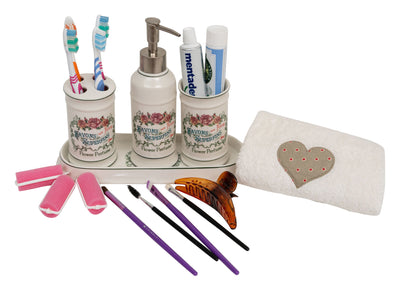 Biscottini Set bagno "Savons Superfines" 4 pezzi in porcellana bianca decorata L25xPR10xH21 cm