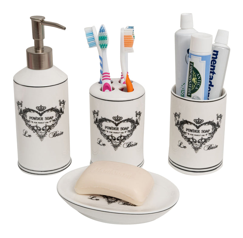 Biscottini Set bagno "Powder Soap" 4 pezzi in porcellana bianca decorata fine composto