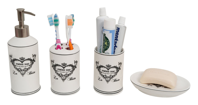 Biscottini Set bagno "Powder Soap" 4 pezzi in porcellana bianca decorata fine composto
