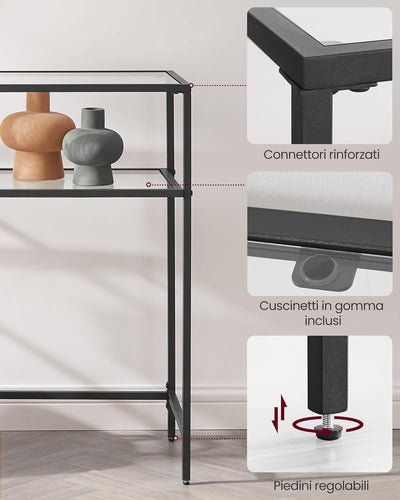 Consolle Ingresso, Tavolo Consolle, Piano in Vetro Temperato, Telaio Robusto e Stabile, Piedini Regolabili, per Soggiorno, Corridoio, Nero e Trasparente