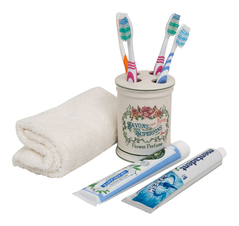 Biscottini Porta spazzolini in porcellana bianca decorata "Savons Superfines" L8,5xPR8,5xH11,5 cm