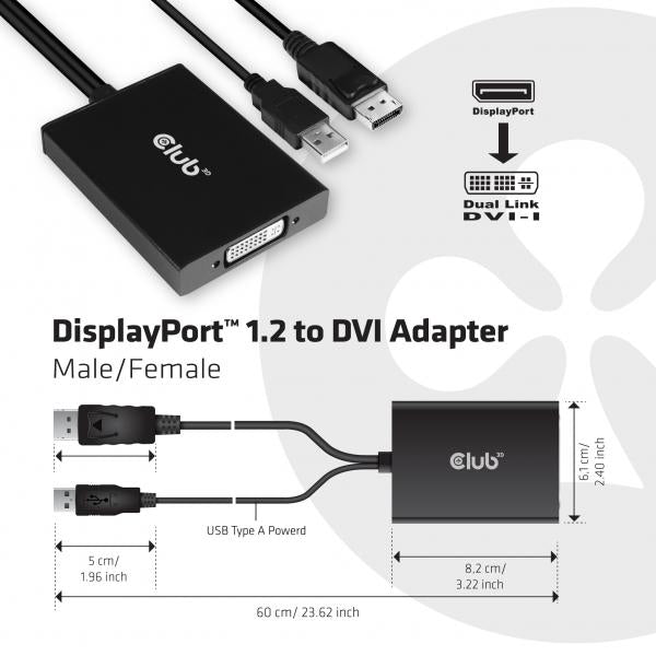 CLUB3D DISPLAYPORT TO DUAL LINK DVI-I DUAL LINK ACTIVE ADAPTER MAX RES 4K30HZ