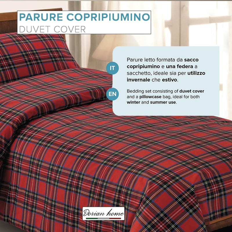 Dorian Home Parure Copripiumino Matrimoniale 250 x 210 cm, Copripiumino Matrimoniale Cotone, Realizzato in 100% Morbido e Puro Cotone, Made In Italy, Fantasia Scozzese Rosso