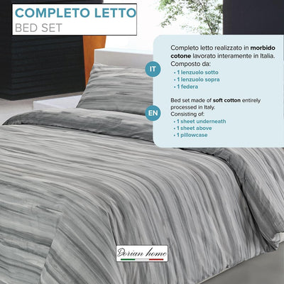 Dorian Home Completo Letto Matrimoniale, Lenzuola Matrimoniali 100% Cotone 180x200 cm, Formato dal Lenzuolo Sopra, Lenzuolo Sotto e Due Federe, Made in Italy, Fantasia Laveno Grigio