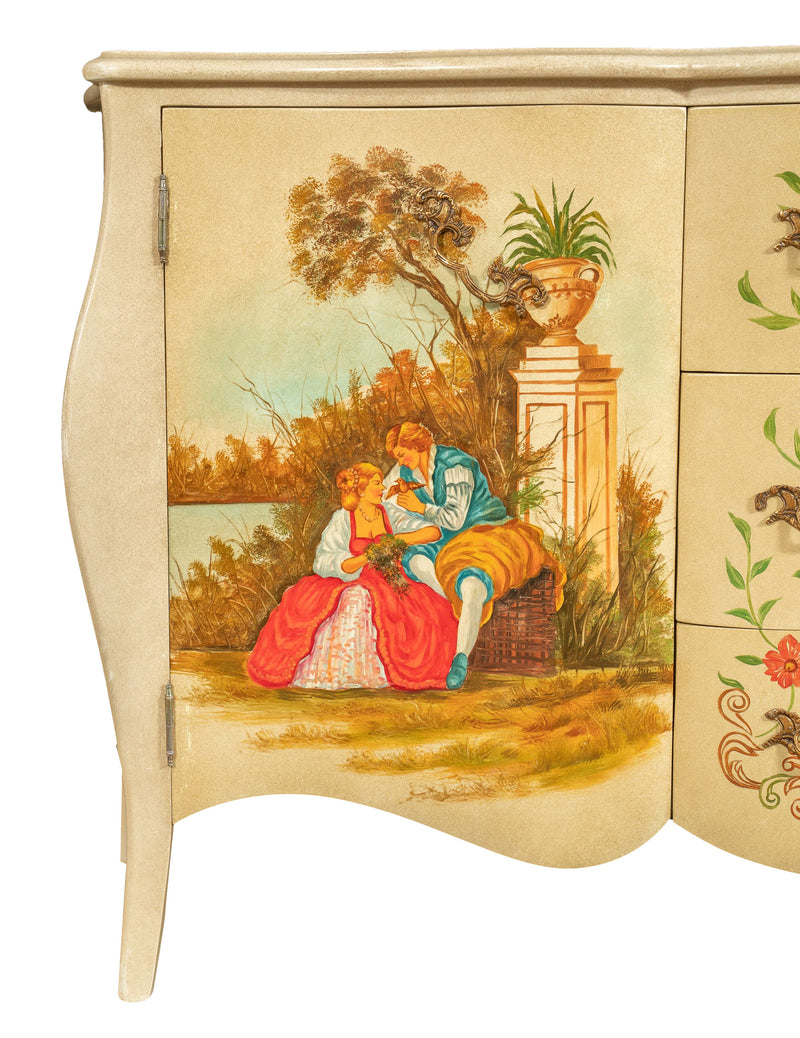 Biscottini Comò due Ante e tre Cassetti, Decorazione campestre, L155XPR54xH91 cm.